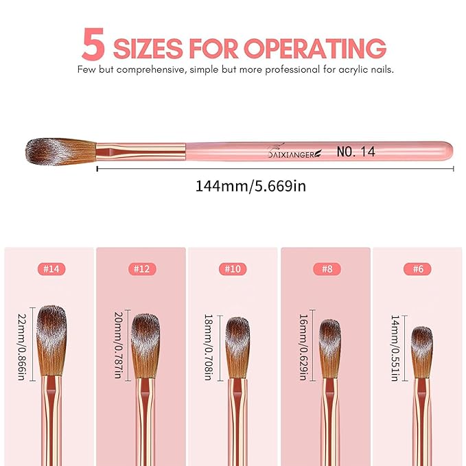 DAIXIANGER 5Pcs Acrylic Nail Art Brush Set -Size 6/8/10/12/14, Rose Gold Handle Nail Brushes for Acrylic Application Powder & Nail Extension, 3D Nail Carving Tools for DIY Home Salon Manicure