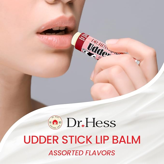 Dr. Hess Original Udder Stick SPF Lip Balm, Soothing Moisturizer Sun Screen Balm for Dry Lips with Jojoba, Beeswax & Shea Butter, Total Lip Care, Hydration & Repair, Assorted Flavors (PMVC), 4 Pack