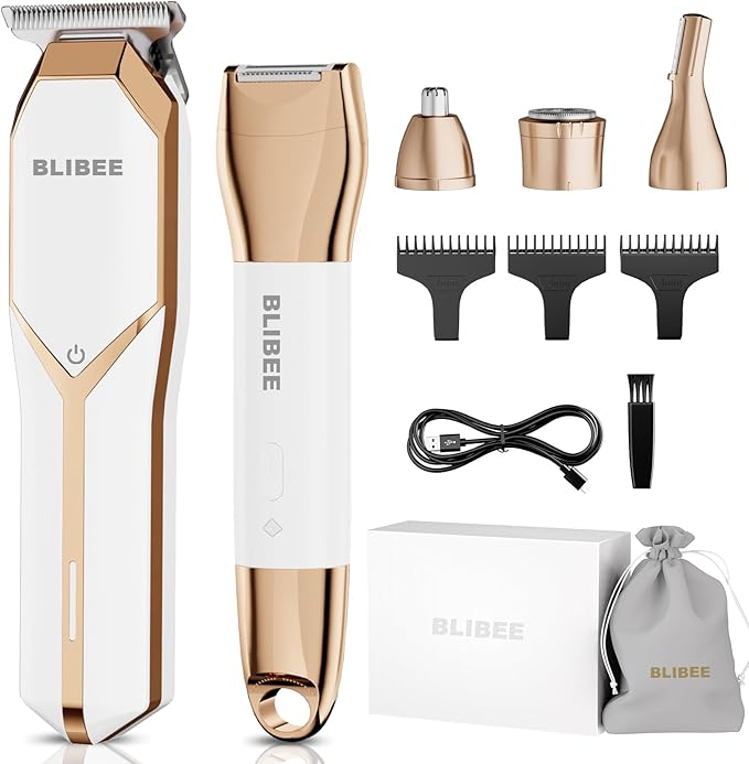 BLIBEE Bikini Trimmer & Hair Clippers for Women - Waterproof Electric Razor and 4 in 1 Bikini Shaver Set, Deluxe Hair Trimmer, Wet/Dry Body Shaver for Nose Eyebrows Beard Pubic Hair, White