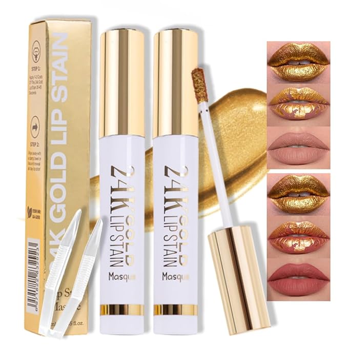 2Pcs 24K Gold Peel Off Matte Liquid Lip Gloss Stain-Lip Liner with Tweezer, Peel Off Lip Stain, Long Lasting & Waterproof Lipstick Tattoo, Transfer-Proof Lip Gloss for All Skin Types, 01+03