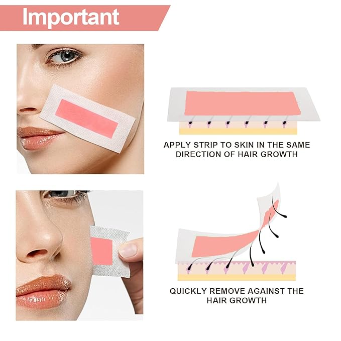 Facial Wax Strips 60 Pcs, Facial Hair Removal for Women, Waxing Strips for Face Eyebrow Upper Lip Cheek Hair Remover, Quick & Painless At Home Waxing Kit for All Skin Types with 6 Pcs Wax Wipes (Pink)