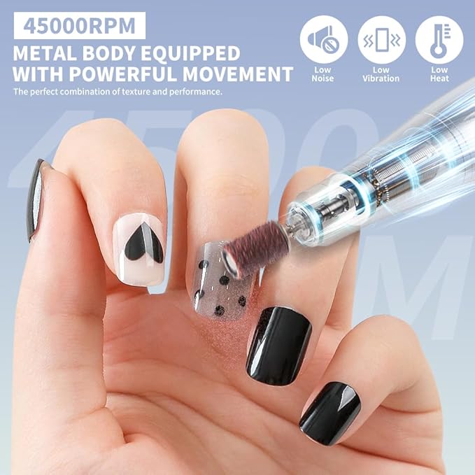 ANRLO Professional Electric Nail Drill, 45000 RPM Cordless Rechargeable E-File Machine, with 12 Bits, Sanding Bands, LCD Display for Acrylic Gel Nails (DMJ-V10-White-USB)