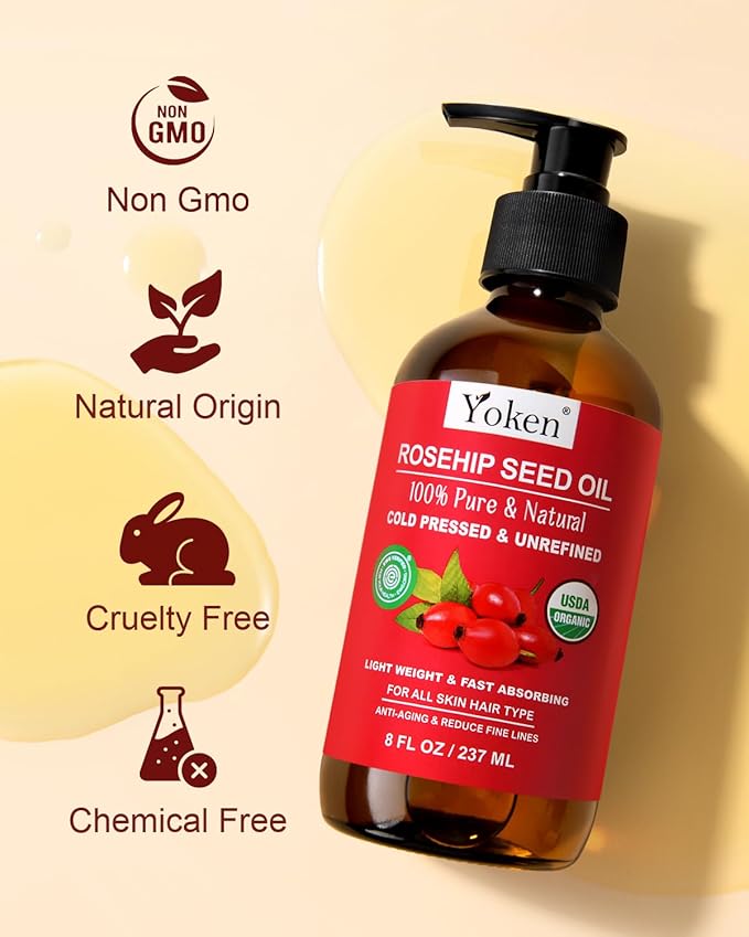 Yoken Rosehip Seed Oil Organic, USDA Certified 100% Pure Rosehip Oils for Face, Hair & Body, 8 fl oz Cold Pressed Rose Hip oil for Skin Moisturizing, Scar Fading, Gua Sha, Massage, Carrier Oil DIY