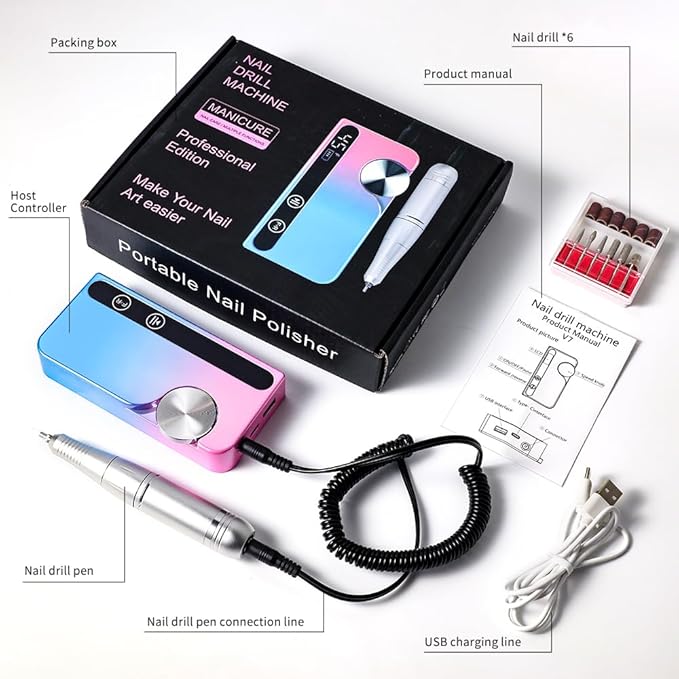 ANRLO Professional Electric Nail Drill, 45000 RPM Cordless Rechargeable E-File Machine, with 12 Bits, Sanding Bands, LCD Display for Acrylic Gel Nails (DMJ-V7-Color-USB)