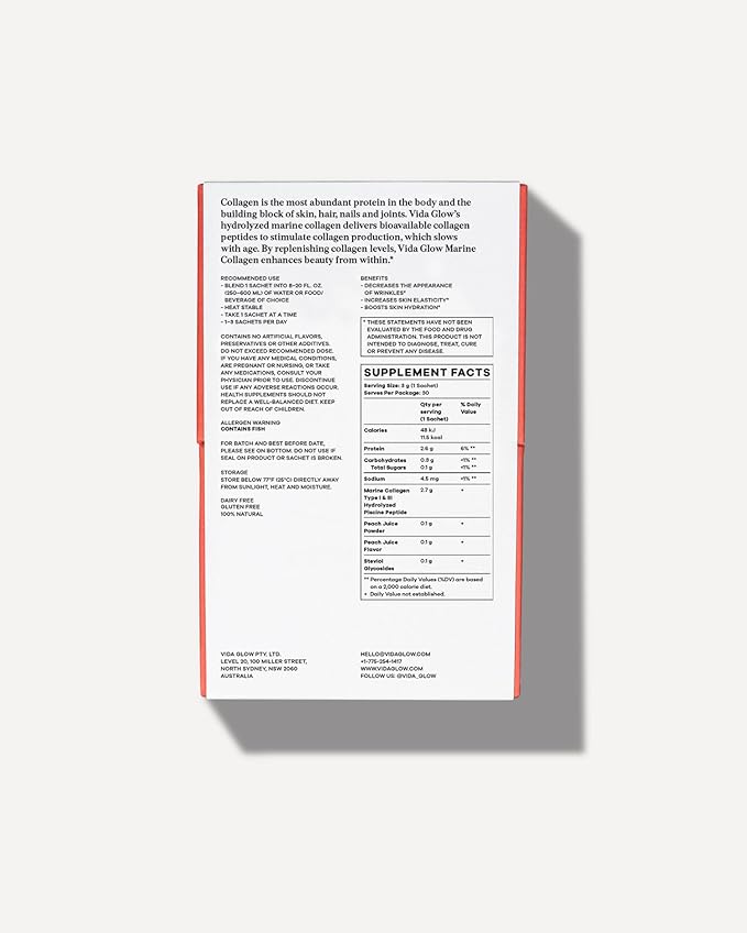 Vida Glow Marine Collagen Powder - Anti Aging Supplement with Collagen Peptides, Promotes Glowing Skin, Strong Nails, Healthy Hair | 30 Servings, Peach Flavor