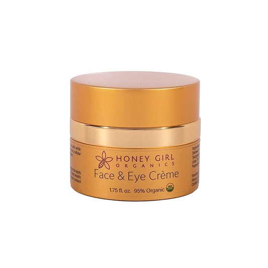 Honey Girl Organics Face & Eye Crème, USDA Certified Organic Facial Moisturizer & Under Eye Cream for Wrinkles, Dark Circles and Puffiness w/Hydrating Honey, Beeswax, Essential Oils & EVOO. 1.75oz