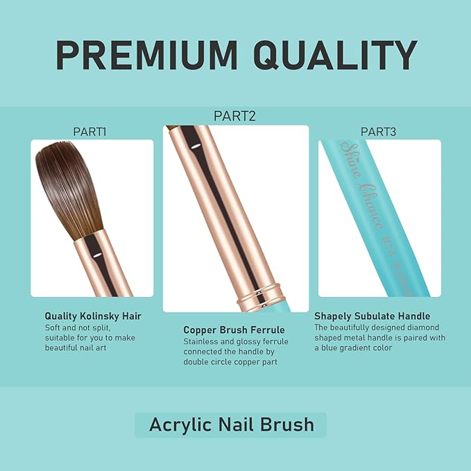 Acrylic Nail Brush Size 12, 100% Pure Kolinsky Nail Brush for Acrylic Application, Professional Nail Extension Manicure Tool Nail Drawing Pen for DIY Home Salon(Cyan)