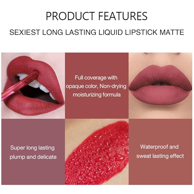 Lipstick Matte Lipstick Liquid Makeup Set, 6Pcs Long-Lasting Wear Non-Stick Cup Not Fade Waterproof Velvet Lip Gloss Kit, Lip Makeup Gift Sets for Girls and Women Dark Colors