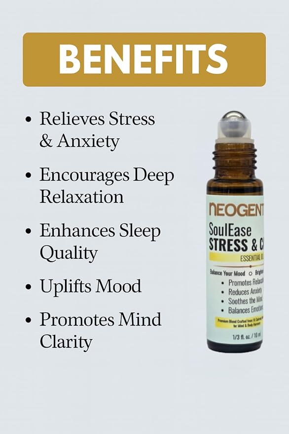 SoulEase Stress & Calm Essential Oil Roll On – Made from 10 Premium Calming Botanicals – Soothing Floral • Warm Wood • Gentle Citrus – 100% Natural Oil – Made in USA 10ML (SoulEase Stress & Calm)