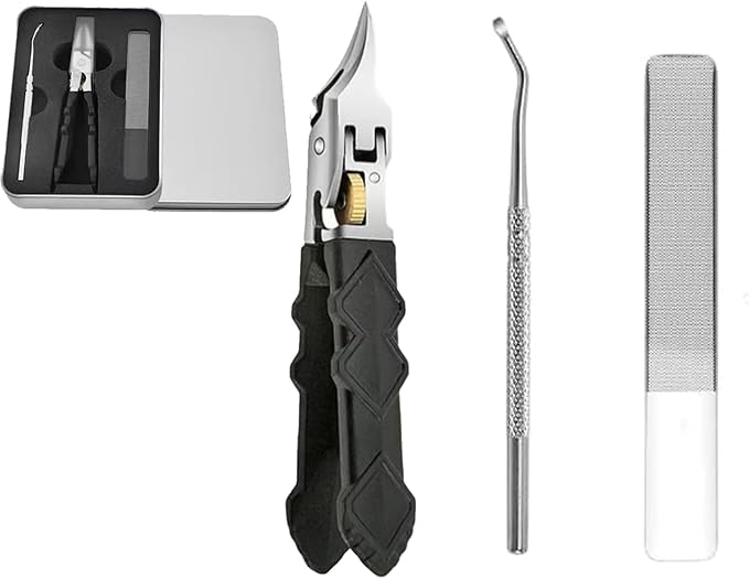Black Anti-Slip Grip Gear Lock Nail Clipper Set with Ultra-Sharp Tips for Precise Access to Nail Grooves, Pro Nail Tools Eagle Beak Angled Nail Clippers 3-Piece Set (Black-A)
