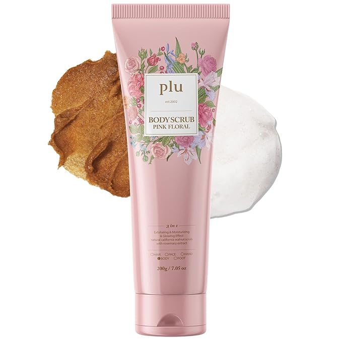 PLU Korean Walnut Body Scrub Pink Floral with Manuka Honey - Exfoliating, Hydrating & Smoothing for Radiant Skin Texture - Fresh & Elegance Rose Scent, 6.76 oz.