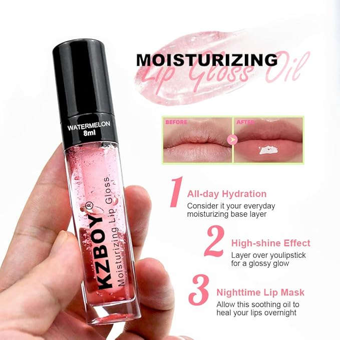 KZBOY Lip Gloss Lip Oil Watermelon Scented 8ml Moisturizing Lip Gloss for Dry Lips High Shine Smooth Finish Clear Pink Shade(Watermelon)