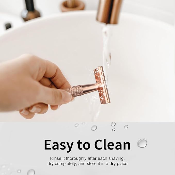 Double Edge Safety Razor with Stand, Single Blade Razors for Women, Reusable Metal Razor, with 10 Stainless Steel Double Edge Blades, Smooth and Close Shave, Plastic Free, Matte Rose Gold