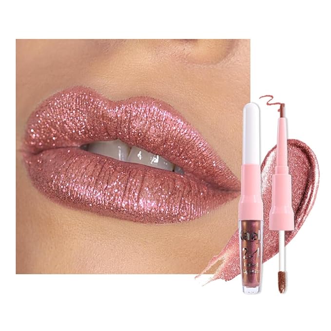 Kaely 2-in-1 Nude Gold Metallic Lipstick and Lip Liner Makeup, Shimmer Liquid Metallic Lipsticks for Women, Glitter Lip Gloss Stain Long Lasting Waterproof Smudge Proof 24 Hour, Cruelty-Free 27