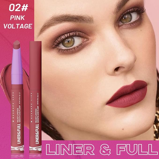 2-IN-1 Lipstick Lipliner, Velvet Matte Finish, Smooth & Plump, 12 Universal Lip Color-Nude Pink Rose Mauve Berry Plum, Creamy Formula for Lip Makeup, All-Day Wear, Cruelty-Free (#02 PINK VOLTAGE)