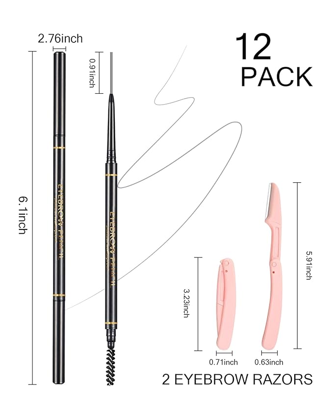 SUMEITANG Gray Eyebrow Pencils for Women, 12Pcs Ultra Slim Eyebrow Pencil with 2 Brow Razors Kit, Double Head 1.5mm Micro-Fine Tip & Spiral Brush, Can Draw Fine and Long-Lasting Brows Makeup