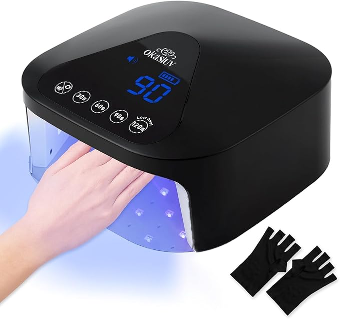 Okasiuv UV LED Nail Lamp with UV Gloves,Magnetic Metal Mirror Base Cordless Nail Dryer, Gel Polish Curing Light with 4 Timers,Touch Control Display,Auto Sensor for Professional Salon & Home