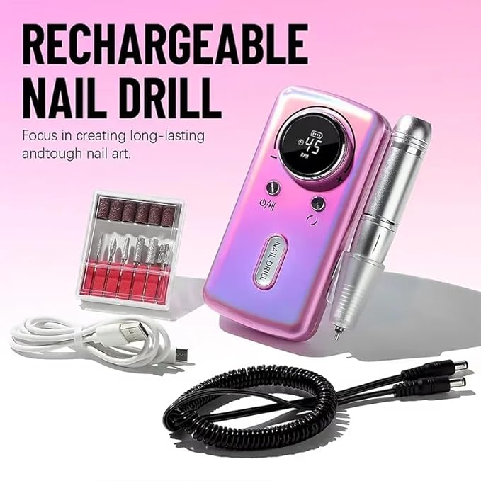 ANRLO Professional Electric Nail Drill, 45000 RPM Cordless Rechargeable E-File Machine, with 12 Bits, Sanding Bands, LCD Display for Acrylic Gel Nails (DMJ-V1-Purple)