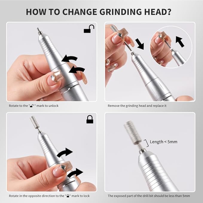 ANRLO Professional Electric Nail Drill, 45000 RPM Cordless Rechargeable E-File Machine, with 12 Bits, Sanding Bands, LCD Display for Acrylic Gel Nails (DMJ-V9-Gray-USB)