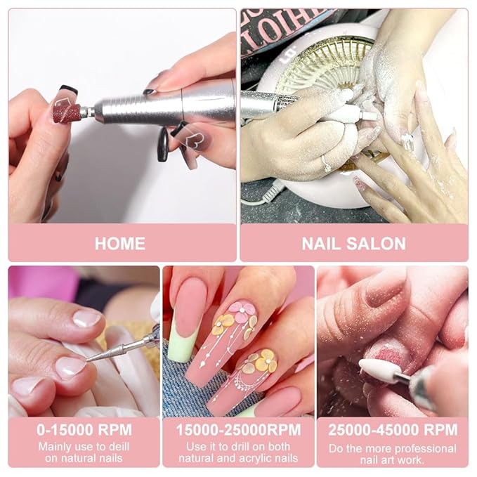 ANRLO Professional Electric Nail Drill, 45000 RPM Cordless Rechargeable E-File Machine, with 12 Bits, Sanding Bands, LCD Display for Acrylic Gel Nails (DMJ-V4-PINK-USB)