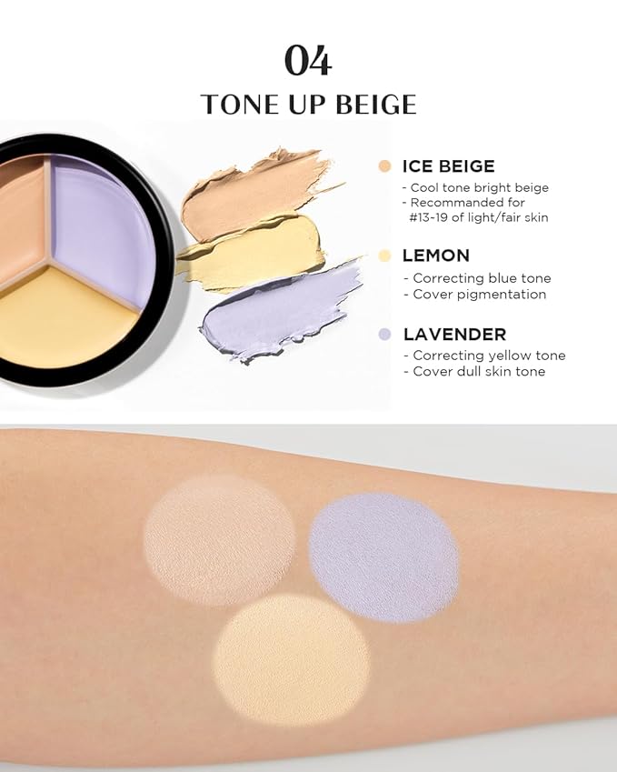 THESAEM Cover Perfection Triple Pot Concealer 2-Pack Set - 03 Correct Up Beige & 04 Tone Up Beige - 6-Color Multi Concealer Palette Kit - Korean Makeup with Sweet Almond Oil for Light Skin Tones