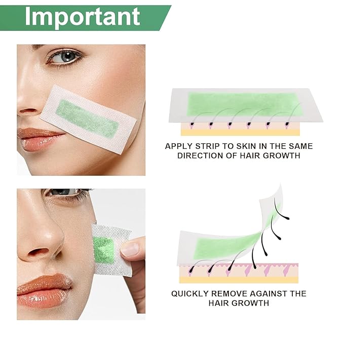 Facial Wax Strips 60 Pcs, Facial Hair Removal for Women, Waxing Strips for Face Eyebrow Upper Lip Cheek Hair Remover, Quick & Painless At Home Waxing Kit for All Skin Types with 6 Pcs Wax Wipes(Green)
