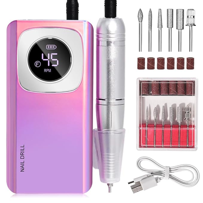 ANRLO Professional Electric Nail Drill, 45000 RPM Cordless Rechargeable E-File Machine, with 12 Bits, Sanding Bands, LCD Display for Acrylic Gel Nails (DMJ-V4-purple-USB)