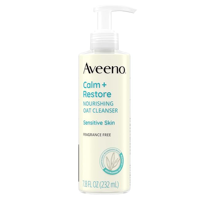 Aveeno Calm + Restore Nourishing Oat Cleanser, Daily Hydrating Facial Cleanser & Face Wash for Sensitive Skin, Non-Foaming, Hypoallergenic, Non-Comedogenic, Fragrance-Free, with Feverfew, 7.8 fl oz