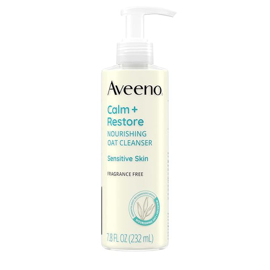 Aveeno Calm + Restore Nourishing Oat Cleanser, Daily Hydrating Facial Cleanser & Face Wash for Sensitive Skin, Non-Foaming, Hypoallergenic, Non-Comedogenic, Fragrance-Free, with Feverfew, 7.8 fl oz
