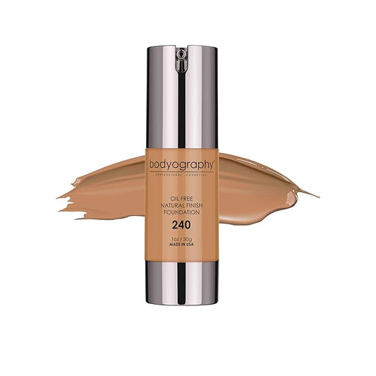Bodyography Natural Finish Foundation (Dark/Warm #240) | Oil-Free, Anti-Aging Salon Foundation with Vitamin E & C | Photo-Ready, Skin-Perfecting Coverage | Vegan, Gluten-Free, Paraben-Free