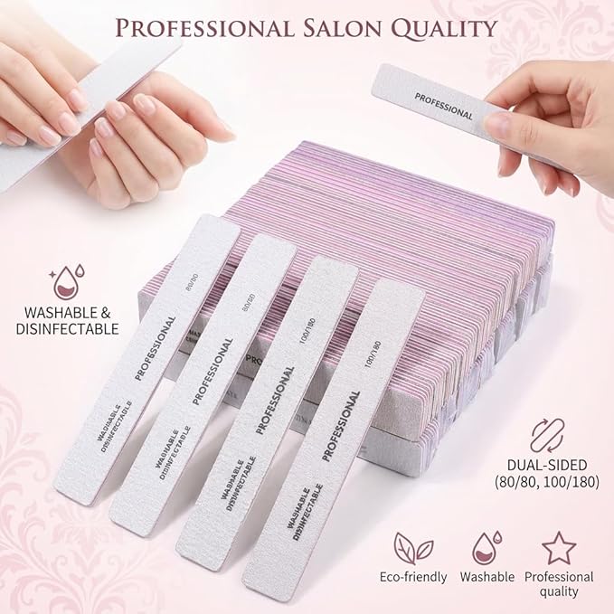 Klimonla 25PCS Professional Rectangular Emery Board Nail Files, 100/180 Grit Dual-Sided Buffer, Reusable Nail Filing Tools for Natural & Acrylic Nails, Home & Salon Manicure Supplies