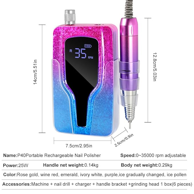 ANRLO Professional Electric Nail Drill, 45000 RPM Cordless Rechargeable E-File Machine, with 12 Bits, Sanding Bands, LCD Display for Acrylic Gel Nails (DMJ-BLY-P40-Purple)