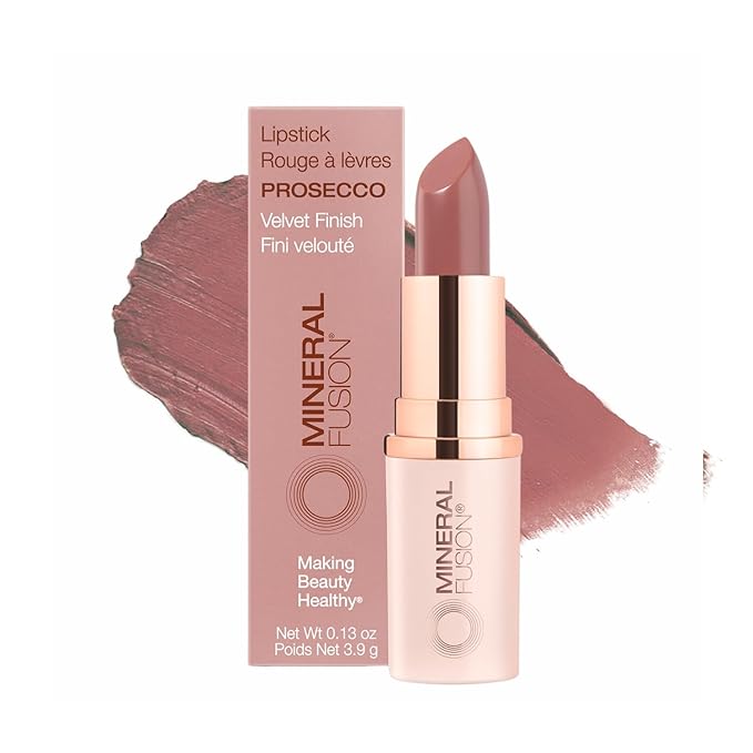 Mineral Fusion Long-Lasting Lipstick, Vivid & Smudge-Free Lip Color with Avocado Oil, Cocoa Seed Butter, Free of FD&C Dyes, Paraben and Gluten, Prosecco
