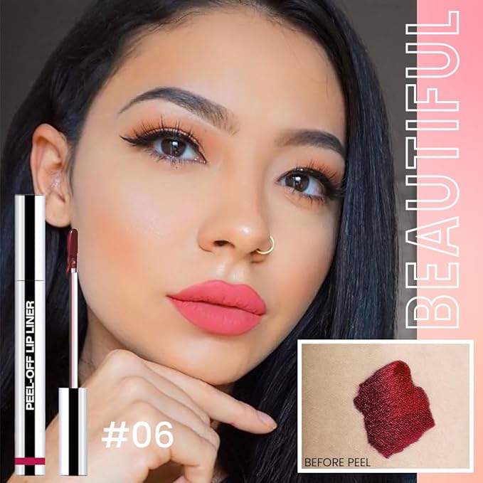 Matte Lip Stain Peel Off Lip liner with Tweezer, Pinkish Red Peel Off Lip Stain, Long Lasting Waterproof Lipstick Lip Gloss Tattoo, Transfer-proof for All Skin Types, 0.12 fl oz 06#