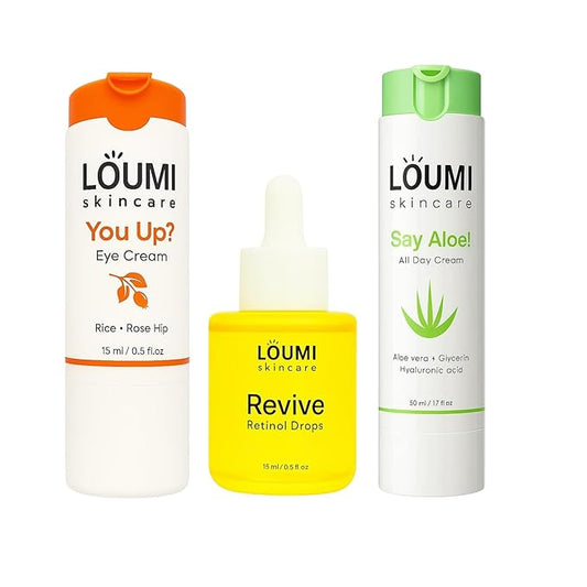 LOUMI Skincare Day to Night Bundle - Say Aloe All-Day Face Cream, You Up? Rose Hip Eye Cream, and Reive Retinol Drops - Hydrating, Natural, Vegan & Cruelty-Free, Lightweight