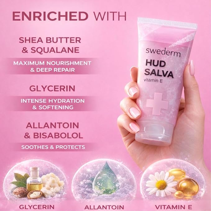 swederm Hudsalva 3.37 Oz - Healing Ointment with Vitamin E - Foot and Hand Cream for Women - Full Body Moisturizer for Dry Skin - Quickly Absorbing - Made in Sweden - Pink
