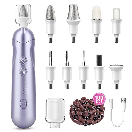 2 Pack 9-in-1 Cordless Nail Drill Kit: 100 Bits, 5 Speeds – Your Ultimate Manicure & Pedicure Solution,Purple