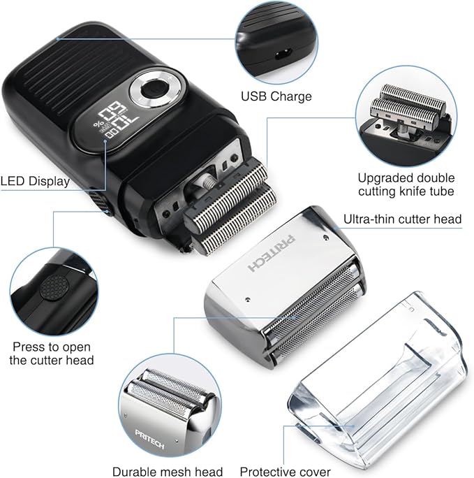 PRITECH Foil and Bald Shavers 2 in 1 Electric Shaver for Men Foil Blade and PopupTrimmer with Rechargeable 3 Adjustable Speeds Men's Shaver (Black Silver)