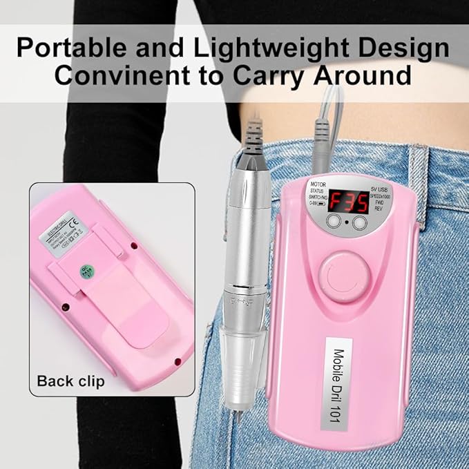 ANRLO Professional Electric Nail Drill, 45000 RPM Cordless Rechargeable E-File Machine, with 12 Bits, Sanding Bands, LCD Display for Acrylic Gel Nails (DMJ-101-Pink-USB)
