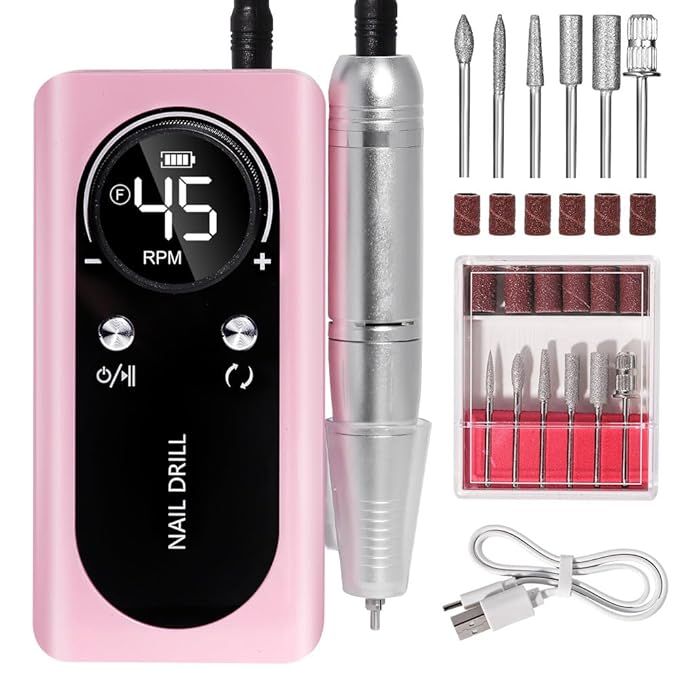 ANRLO Professional Electric Nail Drill, 45000 RPM Cordless Rechargeable E-File Machine, with 12 Bits, Sanding Bands, LCD Display for Acrylic Gel Nails (DMJ-V2-USB-PINK)
