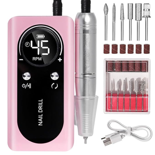 ANRLO Professional Electric Nail Drill, 45000 RPM Cordless Rechargeable E-File Machine, with 12 Bits, Sanding Bands, LCD Display for Acrylic Gel Nails (DMJ-V2-USB-PINK)