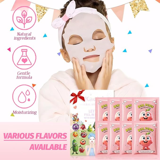 CAKAILA 8 Pack Peach Face Mask,Pink Face Masks Skincare Spa Day Kit Supplies,Spa Party Favors for Women,Sheet Facial Mask Skincare Gifts Set,Moisturize Soothe for All Skin Types