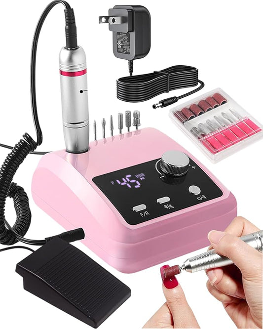 ANRLO Professional Electric Nail Drill, 45000 RPM Cordless Rechargeable E-File Machine, with 12 Bits, Sanding Bands, LCD Display for Acrylic Gel Nails (DMJ-204-Pink-US)