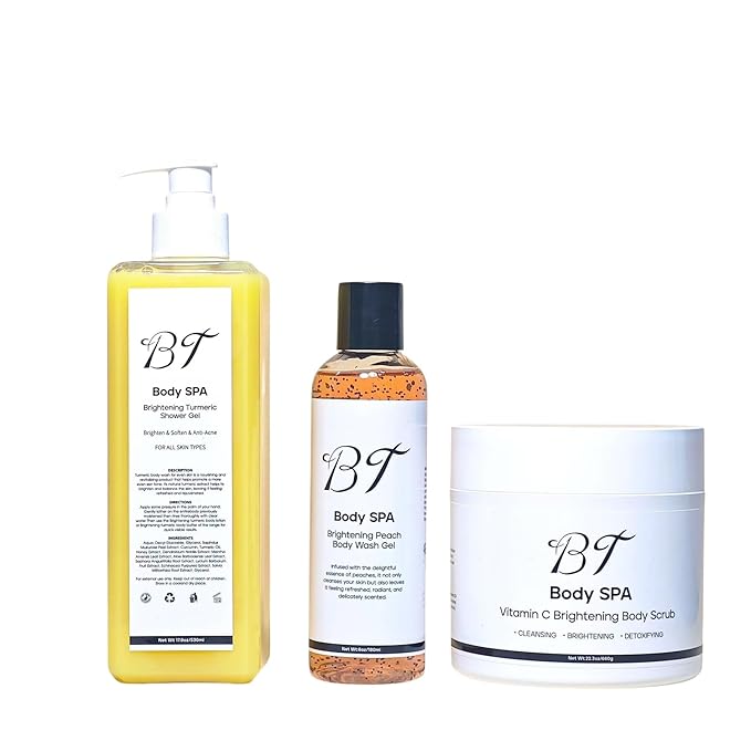 BT Body Spa Exfoliating Body Care Set – Vitamin C Body Scrub, Peach Gel Body Wash & Turmeric Body Wash for Smooth, Glowing Skin.
