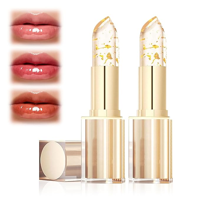 2Pcs Transferproof Color Changing Lipstick, Gold Crystal Ph Lipstick Color Changing, Moisturizing Glossy Shine Clear Lip Color for Women