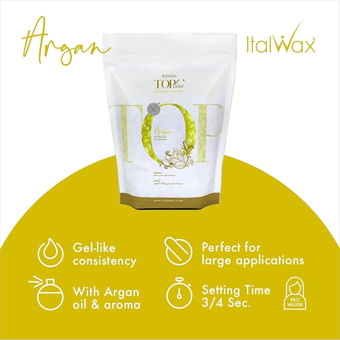 Italwax Top Line Argan Jelly Wax 1.65lb (750g) – Fast-Drying Transparent Flou Yellow Gel Enriched with Argan Oil and Argan scent, Strong Adhesion for Face, Underarms & Back – Made in Italy
