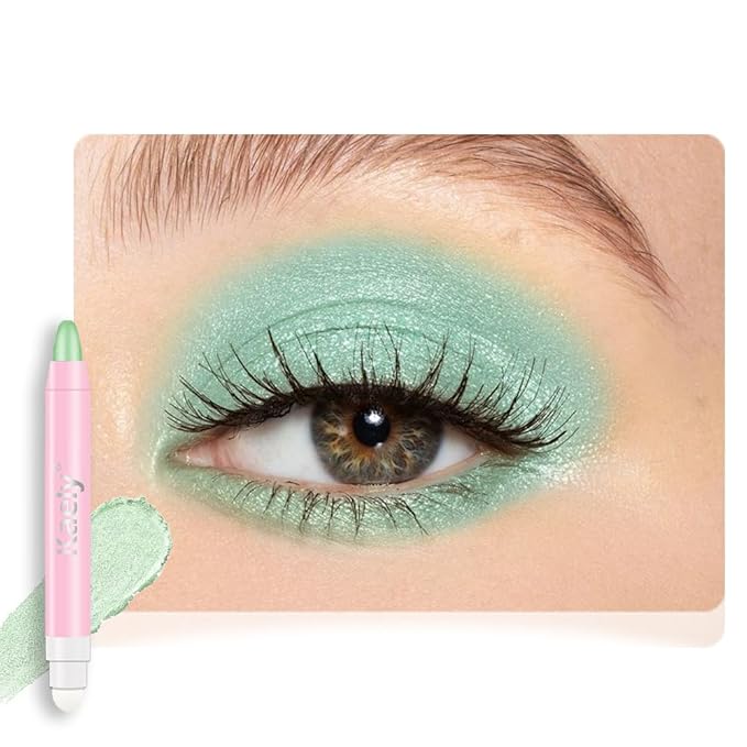 2in1 Shimmer Cream Eye Shadow Stick-Greenish Cyan, Eyeliner Pencil Eyeshadow Palette Makeup, Waterproof Long Lasting Brightener, Crease Proof & Smudge Resistant, Cream Eyeshadow with Built-in Smudger