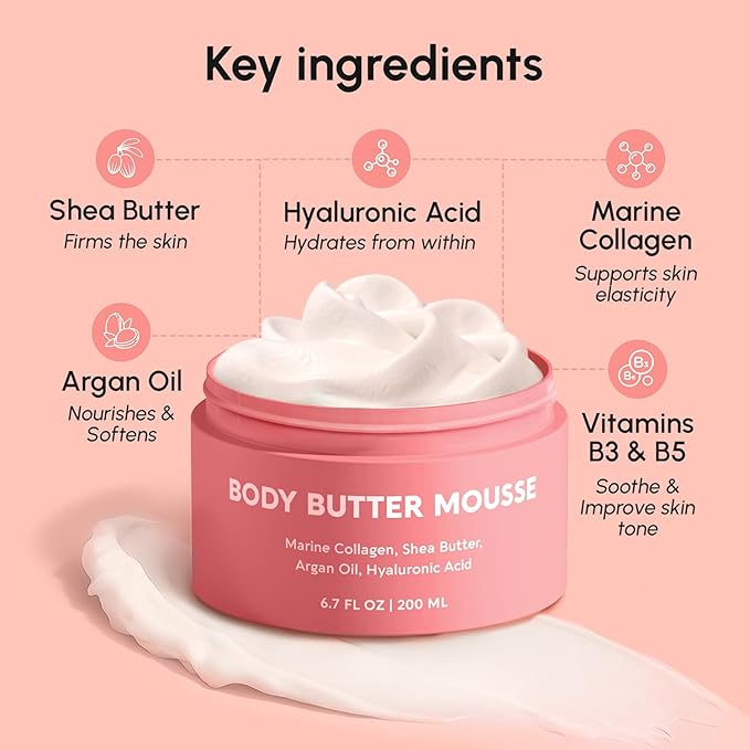 MAREE Moisturizer Body Butter Cream - Whipped Body Butter for Women Smell Good - Facial Moisturizer for Dry Skin - Face Hand Body Cream for Women & Men with Marine Collagen, Shea Butter & Argan Oil