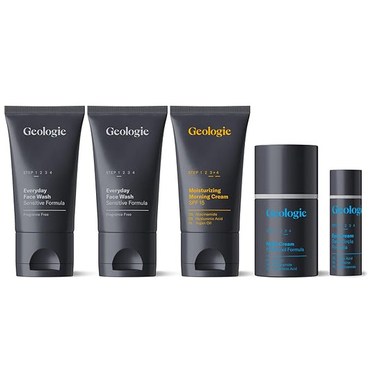 Geologie Sensitive Skincare Set for Men & Women | 3-Month Gentle & Effective Daily Skin Routine | Acne, Oily Skin, Dark Spots | Face Wash 2-Pack, Retinol Face Cream, SPF15 Moisturizer & Eye Cream