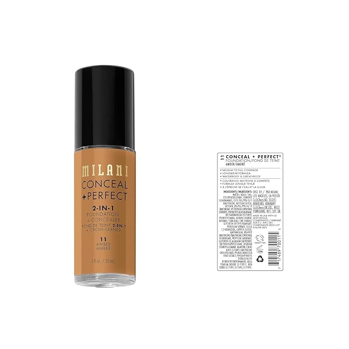 Milani Conceal + Perfect 2-in-1 Foundation + Concealer for a Flawless Complexion, Under Eye Corrector, Cover Redness and Imperfections, Waterproof and Sweatproof - Amber